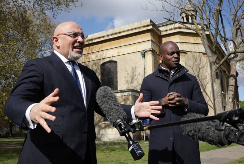 Conservative London mayor candidate Shaun Bailey is joined by Mr Zahawi as they speak to the media in May 2021. Getty Images