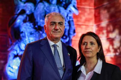 Israel's Intelligence Minister Gila Gamliel, right, and Prince Reza Pahlavi, activist, advocate and oldest son of the last Shah of Iran, at a ceremony to mark Holocaust Remembrance Day. AFP