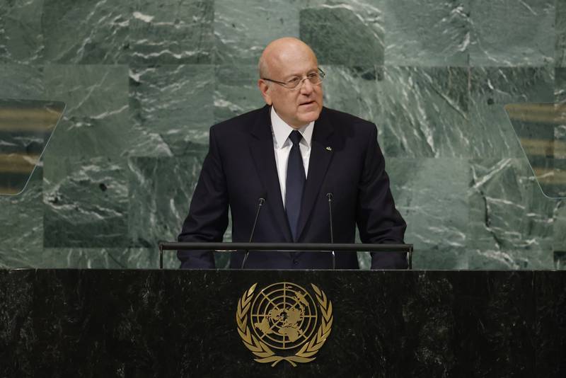 Prime Minister of Lebanon Najib Mikati addresses the 77th session of the UN General Assembly. AP 