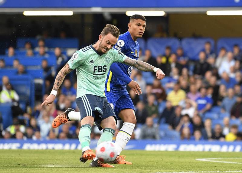 Leicester City's James Maddison scores their first goal. Reuters