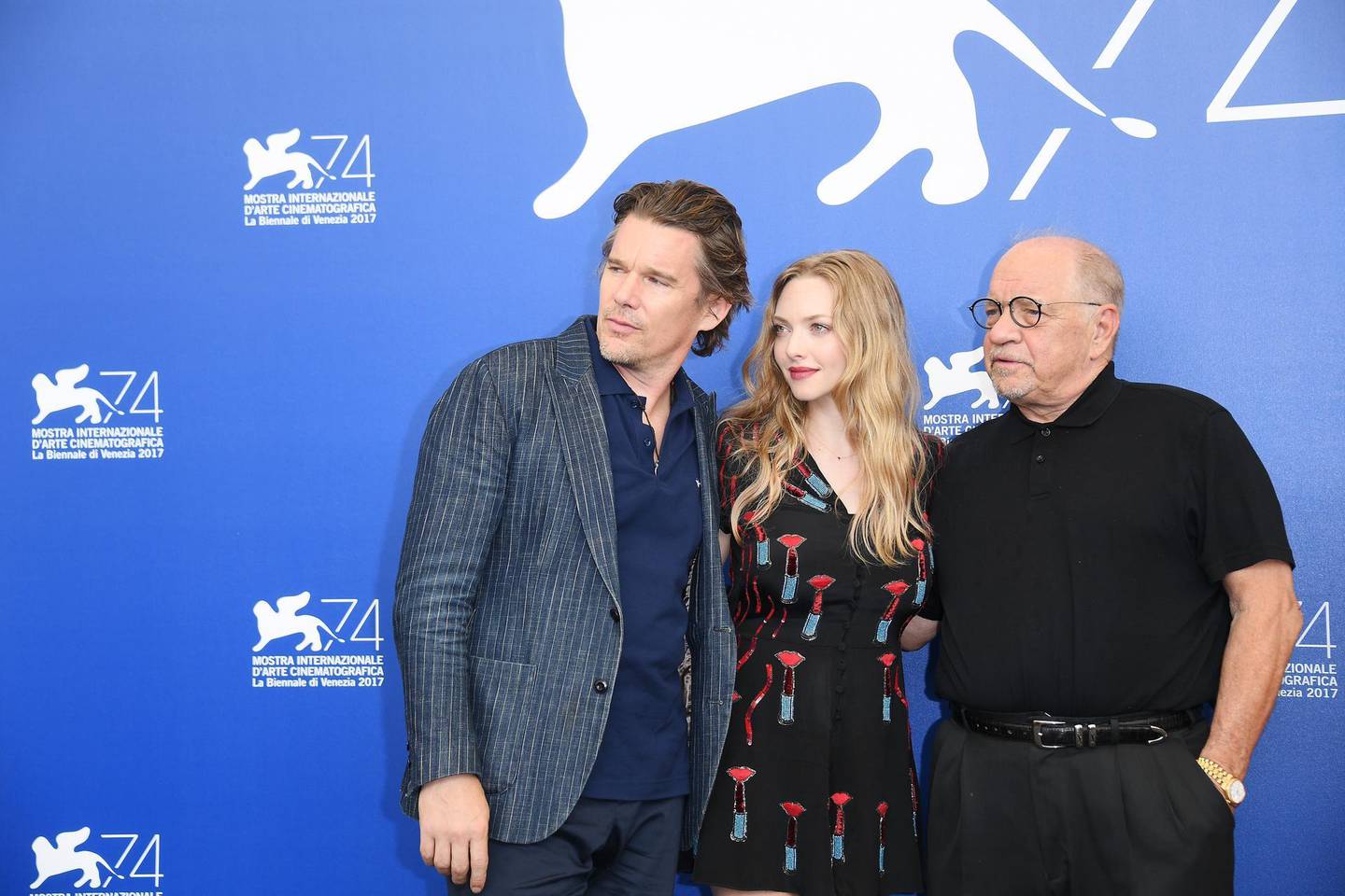 VENICE, ITALY - AUGUST 31:  (L-R) Ethan Hawke, Amanda Seyfried and Paul Schrader attend the 'First Reformed' photocall during the 74th Venice Film Festival on August 31, 2017 in Venice, Italy.  (Photo by Venturelli/WireImage)