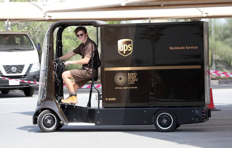 View of the e-quad, an electric-assisted four-wheel vehicle to be shown at the Expo 2020 site, being demonstrated at the UPS warehouse in Jafza in Dubai.