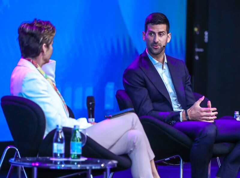 Novak Djokovic speaks to CNN's Becky Anderson during the Dubai Future District Fund annual meeting. Victor Besa / The National