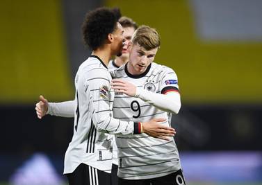 Soccer Football - UEFA Nations League - League A - Group 4 - Germany v Ukraine - Red Bull Arena, Leipzig, Germany - November 14, 2020 Germany's Leroy Sane celebrates scoring their first goal with Timo Werner REUTERS/Annegret Hilse