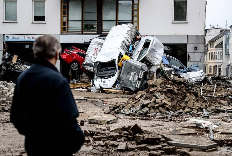 Torrents of water threw vehicles into a heap in Bad Neuenahr-Ahrweiler, Germany.
