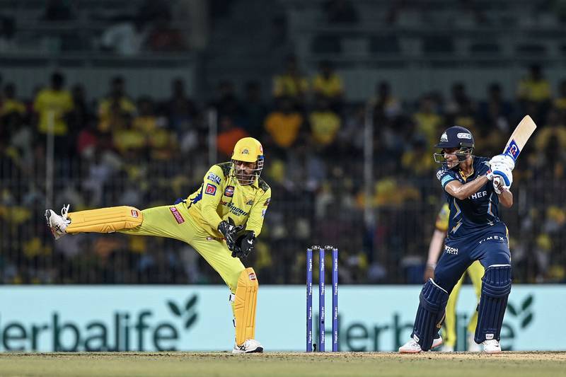 Gujarat Titans' Shubman Gill hits out. AFP