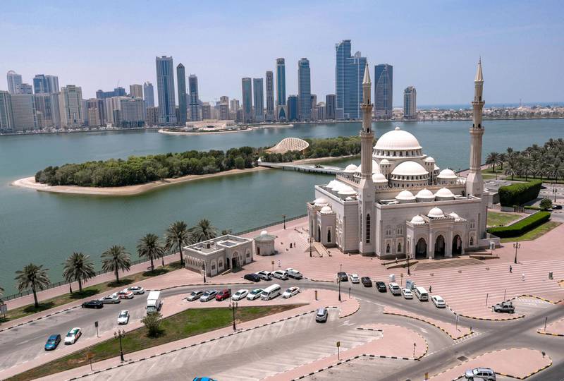 Sharjah, United Arab Emirates, August 6, 2019.   The Al Noor Mosque shot from Al Buhaira Tower, Corniche Street.Victor Besa/The NationalSection:  UAE Stock ImagesTags:  Sharjah, Khalid Lake, Mosque, UAE Summer