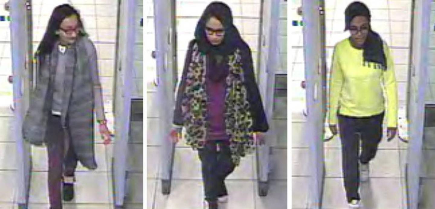 CCTV images issued by the Metropolitan Police in London show Kadiza Sultana, Shamima Begum and Amira Abase as they make their way to Syria to join ISIS. Metropolitan Police/AP 