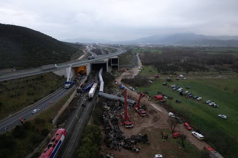 Rescuers at  the site of where two trains collided, near the city of Larissa, Greece. Reuters