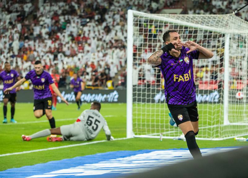 Caio Canedo celebrates after scoring Al Ain's second goal in the Pro League Cup final against Shabab Al Ahli at Mohamed bin Zayed Stadium in Abu Dhabi. All photos by Victor Besa / The National