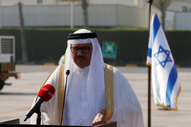 Bahrain's Foreign Minister Abdullatif Al Zayani delivers a statement upon the arrival of an Israeli delegation accompanied by the US treasury secretary, in Muharraq, Bahrain.  Reuters