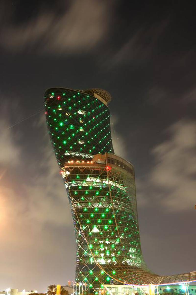 Capital Gate at ADNEC goes green for Abu Dhabi Sustainability Week. Courtesy General Secretariat of the Executive Council