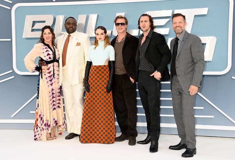 From left: Kelly McCormick, Brian Tyree Henry, Joey King, Brad Pitt, Aaron Taylor-Johnson and David Leitch at the screening of 'Bullet Train' in London. Getty