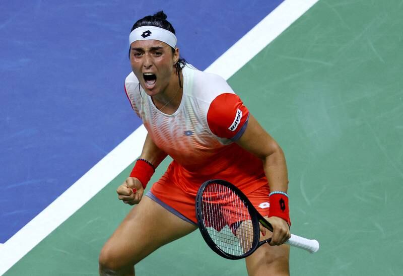 Tunisia's Ons Jabeur celebrates after winning her semi-final match against France's Caroline Garcia at the US Open. Reuters