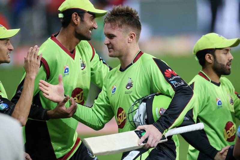 DUBAI , UNITED ARAB EMIRATES – Feb 11 , 2017 : Jason Roy of Lahore Qalandars celebrating with his team members after the Pakistan Super League cricket match between Islamabad United vs Lahore Qalandars at Dubai International Cricket Stadium in Dubai. He scored 60 runs not out in this match. Lahore Qalandars won the match by 6 wickets. ( Pawan Singh / The National ) For Sports. Story by Paul Radley. ID No : 20289 *** Local Caption ***  PS1102- PSL CRICKET30.jpg