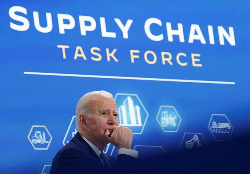 US President Joe Biden meets the Supply Chain Disruptions Task Force and private sector leaders at the White House. Reuters