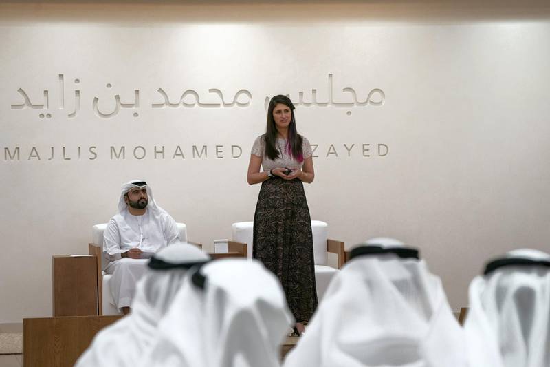 ABU DHABI, UNITED ARAB EMIRATES - May 27, 2019: Professor Nina Tandon, CEO and Co-founder of EpiBone (R), delivers a lecture titled: 'Cellular Ateliers: Regenerative Medicine and the Body Shop of the Future ', at Majlis Mohamed bin Zayed. Seen with moderator Abdulrahman Al Ali (L).

( Eissa Al Hammadi for the Ministry of Presidential Affairs )
---