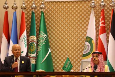 Arab League Secretary General Ahmed Aboul Gheit, left, and Saudi Foreign Minister Faisal bin Farhan. AFP