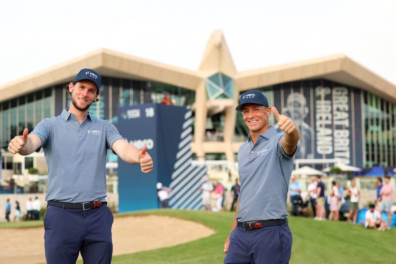 Thomas Pieters and Alex Noren of Continental Europe celebrate beating Tommy Fleetwood and Shane Lowry of Great Britain & Ireland during the Fourball matches of the Hero Cup at Abu Dhabi Golf Club on Friday, January 13, 2023. Getty