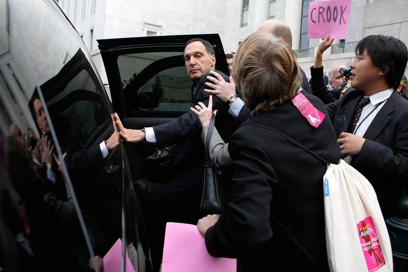 Richard Fuld Jr, chief executive of Lehman Brothers, is surrounded by protesters leaving a hearing at the US House Oversight and Government Reform Committee in Washington DC, in October, 2008, after the bank’s collapse and the ensuing global financial crisis. Alex Wong / Getty Images.