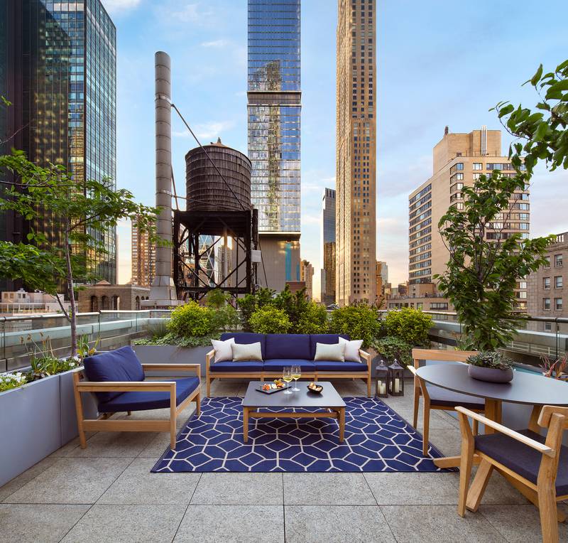 The Sky Terrace Suite, a 1,000 square-foot one-bedroom suite is part of the In Residence package. It has a gorgeous landscaped, private, open-air 350 square-foot terrace with panoramic views of New York City