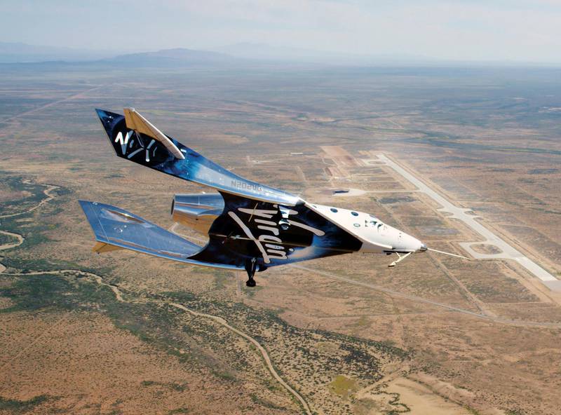 Virgin Galactic SpaceshipTwo Unity flys free in the New Mexico Airspace for the first time on Friday, May 1, 2020. Virgin Galactic's spaceship VSS Unity has landed in the New Mexico desert after its first glide flight from Spaceport America. The company announced Friday's flight on social media, sharing photos of the spaceship. (Virgin Galactic via AP)