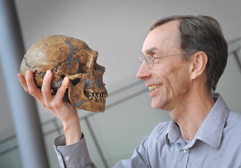 Nobel Prize winner Svante Paabo channels Hamlet by holding and staring at a skull in this picture taken in Leipzig, Germany, in 2010. Reuters