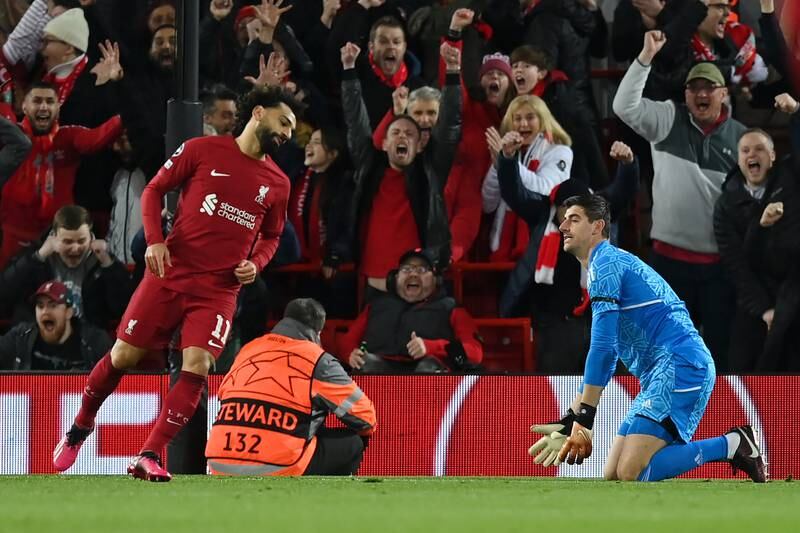 Real goalkeeper Thibaut Courtois looks dejected after his mistake allows Mohamed Salah to score Liverpool's second goal. Getty