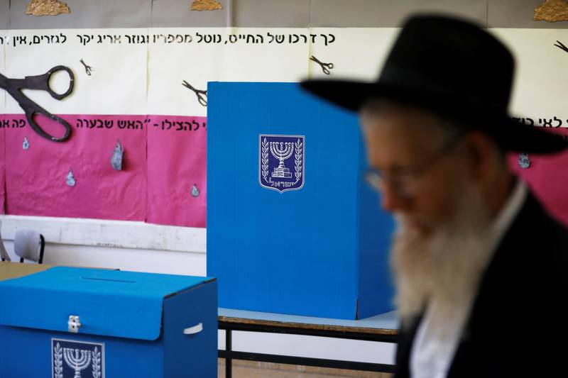 An ultra-Orthodox Jewish man walks next to a voting booth and ballot box at a polling station as Israelis vote in a parliamentary election, in Jerusalem April 9, 2019. REUTERS/Ronen Zvulun