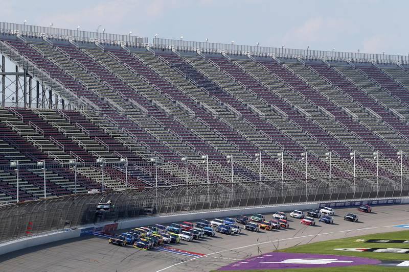 Clint Bowyer and William Byronlead the field to start the NASCAR Cup Series Consumers Energy 400 at Michigan at an empty Michigan International Speedway on Sunday, August 9. AFP