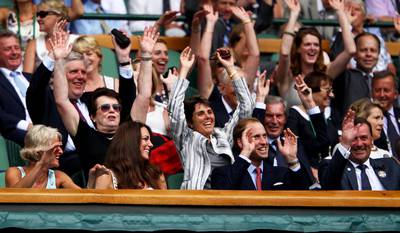 LONDON, ENGLAND - JUNE 27:  Billie Jean King, Catherine, Duchess of Cambridge and Prince William, Duke of Cambridge  and  Chairman of the All England Lawn Tennis Club Philip Brook participate in the wave during the fourth round match between Rafael Nadal of Spain and Juan Martin Del Potro of Argentina on Day Seven of the Wimbledon Lawn Tennis Championships at the All England Lawn Tennis and Croquet Club on June 27, 2011 in London, England.  (Photo by Clive Brunskill/Getty Images)