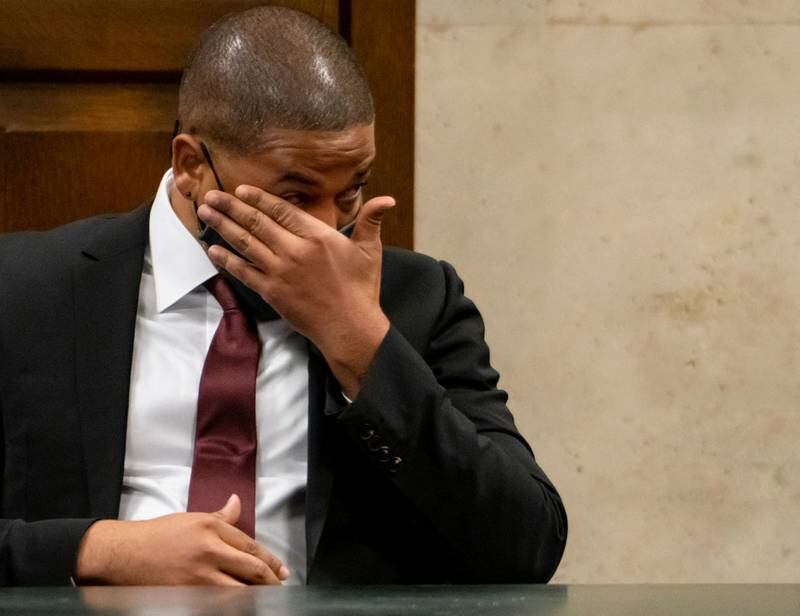 Actor Jussie Smollett tears up while listening to his brother testify at his sentencing hearing at the Leighton Criminal Court Building, in Chicago, Illinois on March 10, 2022. All photos: Reuters