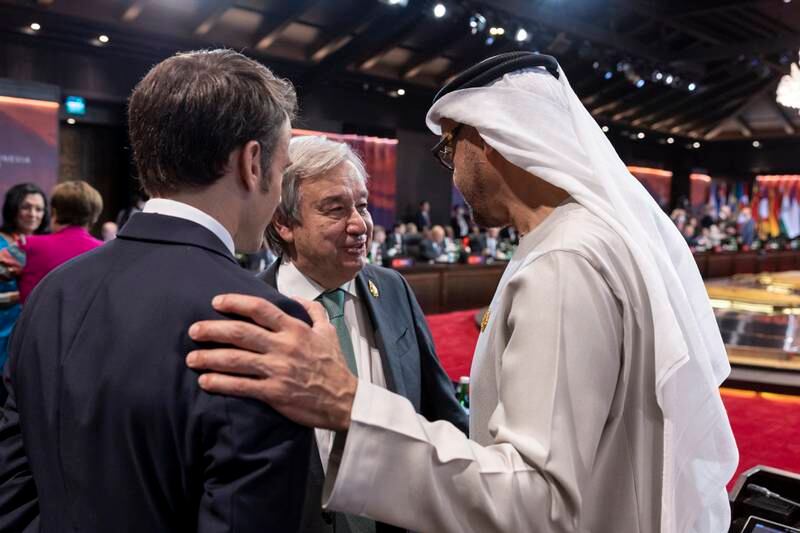 Sheikh Mohamed speaks with UN Secretary General Antonio Guterres and Mr Macron.