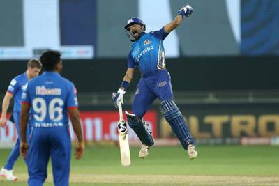 Krunal Pandya of Mumbai Indians celebrates the win during the final of season 13 of the Dream 11 Indian Premier League (IPL) between the Mumbai Indians and the Delhi Capitals held at the Dubai International Cricket Stadium, Dubai in the United Arab Emirates on the 10th November 2020.  Photo by: Ron Gaunt  / Sportzpics for BCCI