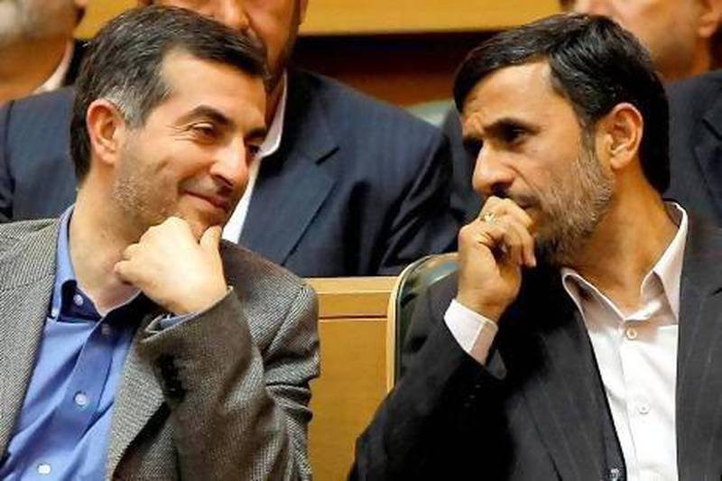 Mahmoud Ahmadinejad, right, and Esfandiar Rahim Mashaie at an Iranian expatriates summit in Tehran in 2009. Behrouz Mehri / AFP