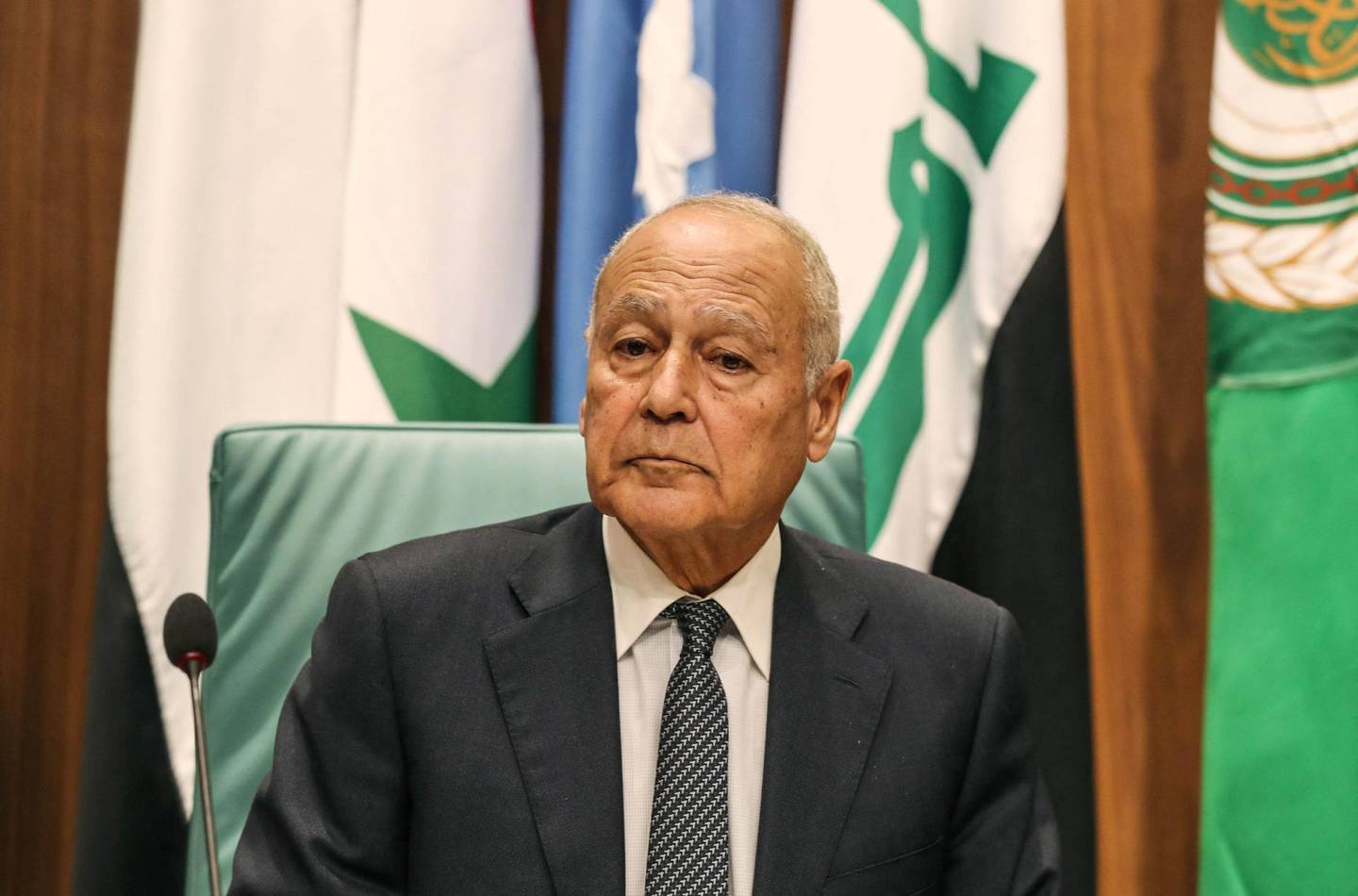 Secretary-General of the Arab League Ahmed Aboul Gheit chairs the Arab Foreign Ministers 153rd annual meeting at the Arab League headquarters in the Egyptian capital Cairo on March 4, 2020. (Photo by Mohamed el-Shahed / AFP)