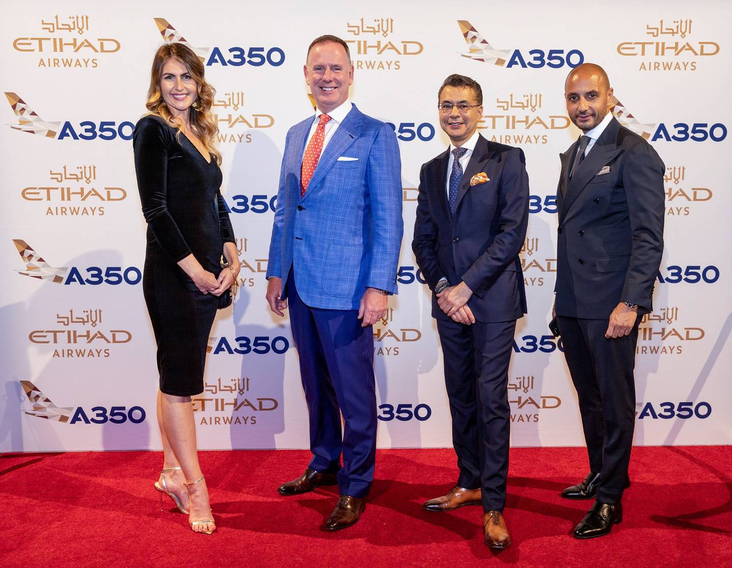 Etihad Airways officials Kim Hardaker, vice president of loyalty and partnerships, and Tony Douglas, group chief executive, with Marriot International's chief operating officer Sandeep Walia and general manager Moustafa Sakr during the airline's event in New York. Photo: Etihad