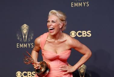 Hannah Waddingham laughs as she poses with her award for outstanding supporting actress in a comedy series, for "Ted Lasso", at the 73rd Primetime Emmy Awards in Los Angeles, U. S. , September 19, 2021.  REUTERS / Mario Anzuoni