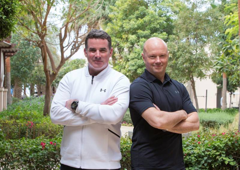 DUBAI, UNITED ARAB EMIRATES -(L-R) Patrik Frisk, President of Under Armour and Kevin Plank, Founder and CEO of Under Armour being interviewed at Four Season's Hotel.  Leslie Pableo for The National for Nada El Sawy's story
