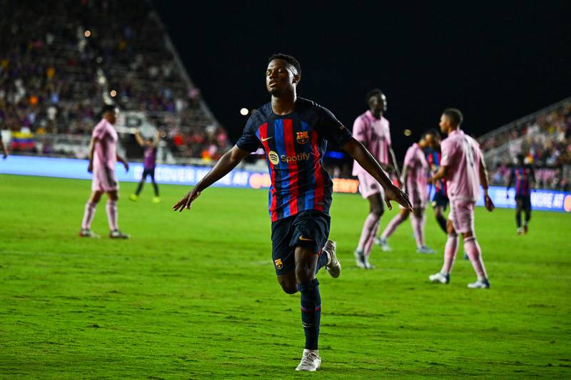 Ansu Fati celebrates after scoring a goal during a friendly match between Inter Miami and Barcelona. AFP