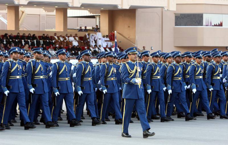 Omani military, in dress uniform, parade past  Sultan Qaboos bin Said in the capital Muscat, as the Sultanate marks its 42th National Day, on November 18, 2012. AFP PHOTO/MOHAMMED MAHJOUB (Photo by MOHAMMED MAHJOUB / AFP)