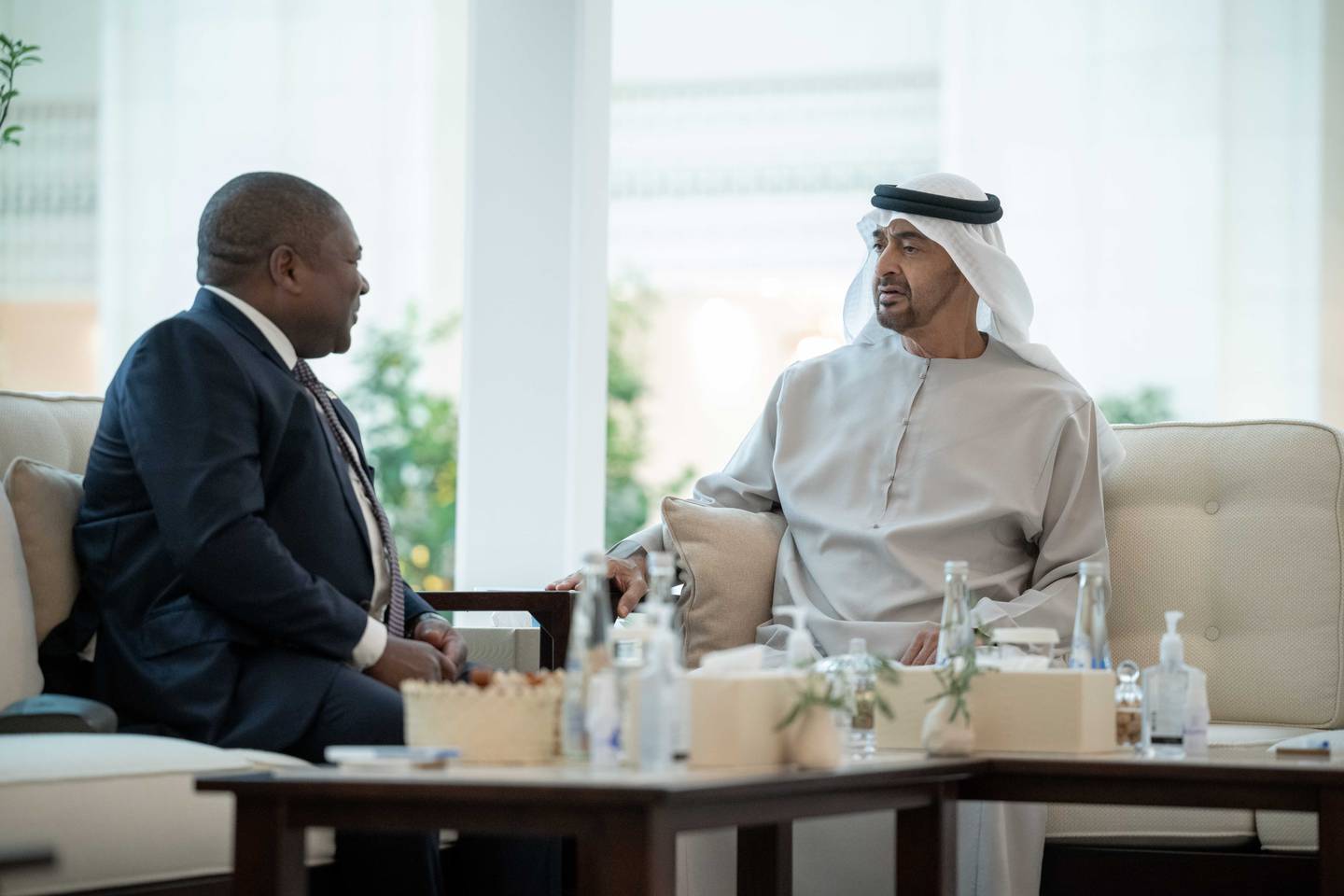 UAE President Sheikh Mohamed receives Filipe Nyusi, President of Mozambique, at Al Shati Palace in Abu Dhabi. Rashed Al Mansoori / UAE Presidential Court