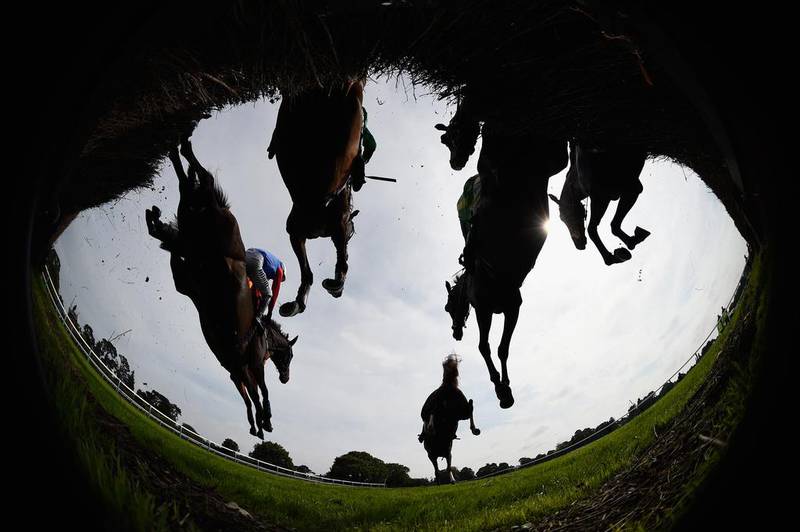 Runners and riders negotiate the first fence during the Maureen Sturt Ladies Day Novices’ Handicap Chase at Fontwell Park on August 13, 2015 in Fontwell, England. Mike Hewitt/Getty Images