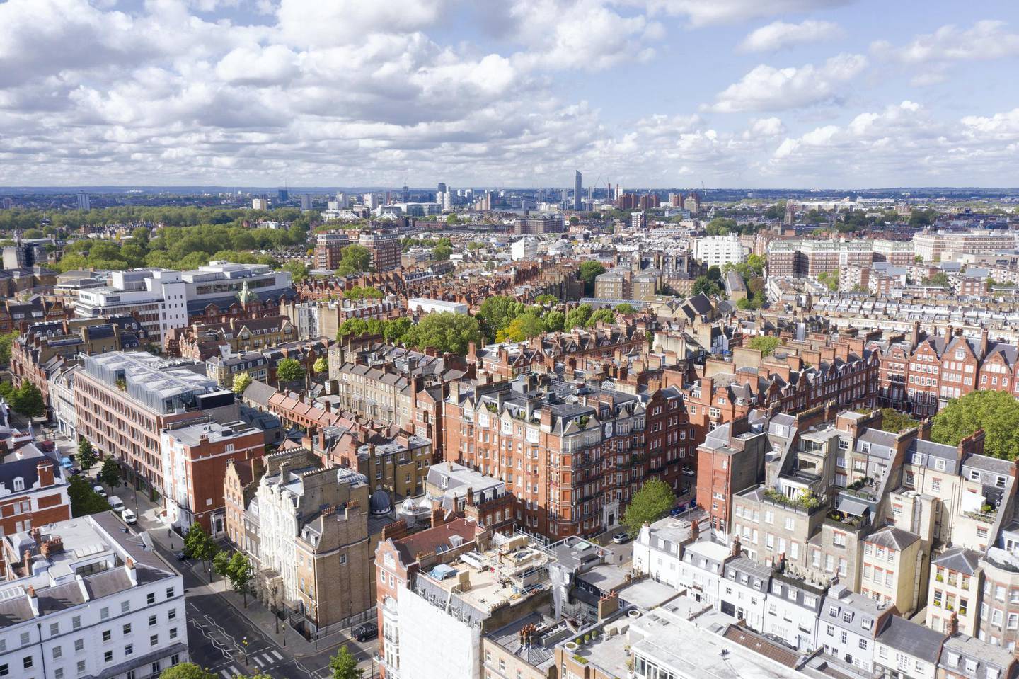 LONDON,ENGLAND - MAY 14: (EDITORS NOTE: Full Flight Permissions) An aerial view by drone looking at Chelsea across the Kings Road on May 14,2020 in London,England. (Photo by Chris Gorman/Getty Images)