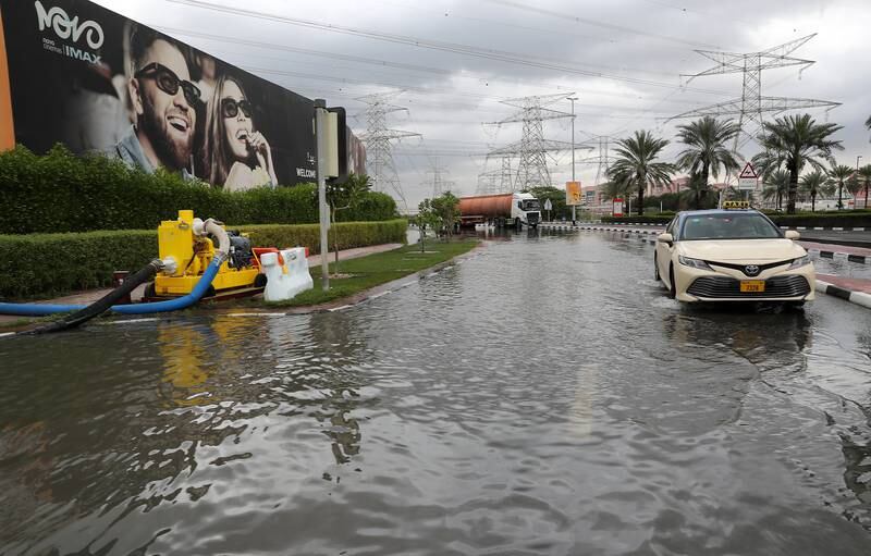 Flooding near Ibn Battuta mall in Dubai where pumps were used to drain the water. Pawan Singh / The National