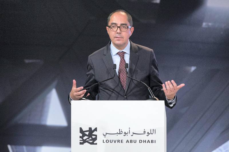 Abu Dhabi, United Arab Emirates, September 6, 2017:    Jean-Luc Martinez president-director of the Louvre museum speaks during an event announcing that the Louvre Abu Dhabi will open November 11th, at Manarat Al Saadiyat on Saadiyat Island in Abu Dhabi on September 6, 2017. Christopher Pike / The National

Reporter: Nick Leech
Section: Arts & Culture