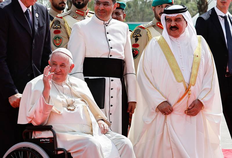 Pope Francis and Bahrain's King Hamad bin Isa Al Khalifa attend the closing ceremony of the Bahrain Forum for Dialogue: East and West for Human Coexistence at the Sakhir Palace, in Sakhir, south of Manama, Bahrain. Reuters