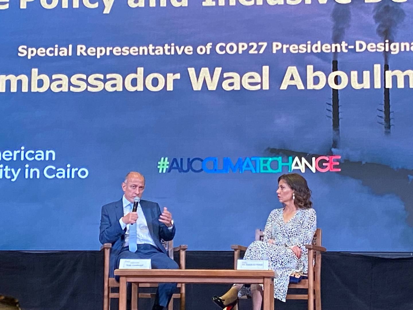 Ambassador Wael Aboulmagd, special representative of the Cop27 president, at a talk held at the American University in Cairo on Monday. Nada El Sawy / The National