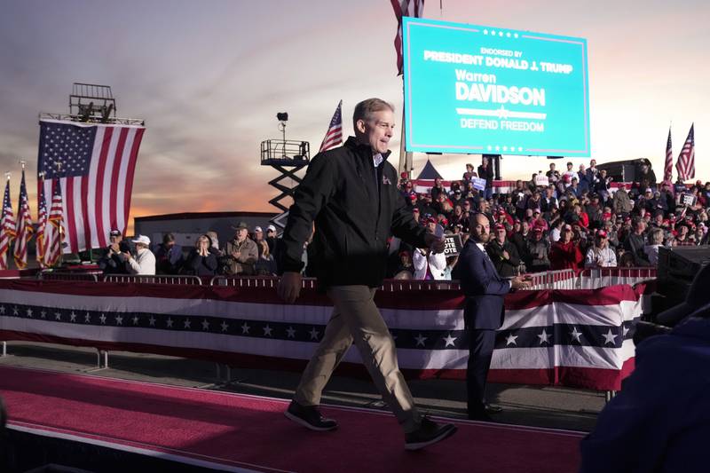 Jim Jordan, a US representative from Ohio, arrives to speak before former president Donald Trump at a rally in Ohio. AP