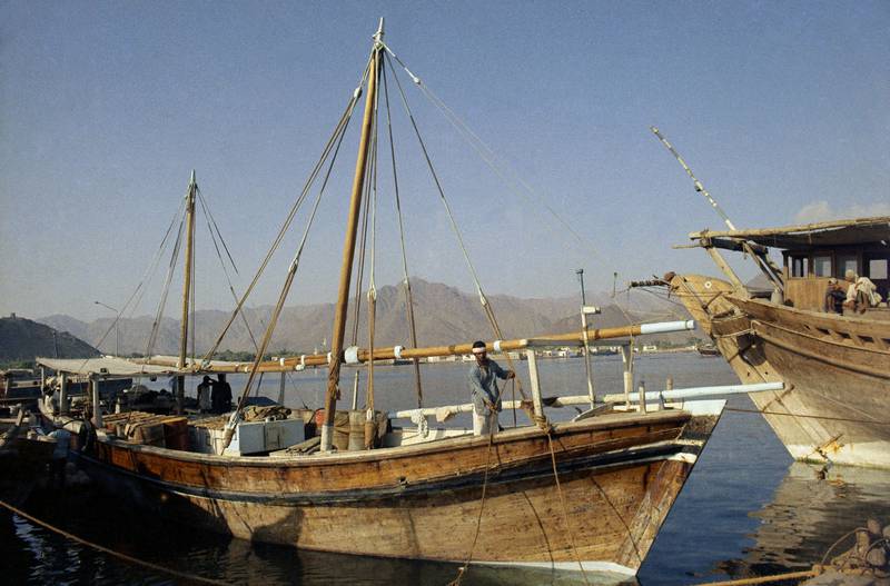 A boat in the port in Dubai, in December 1971.  Shutterstock